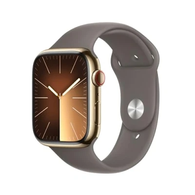 Imagen de Apple Watch Series 9 (2023), GPS+CELL, 45 mm, Gesto de doble toque, Caja acero inoxidable oro, Correa deportiva arcilla, Talla S/M