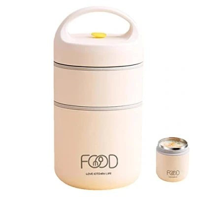 Imagen de Termo para comida caliente apilable Recipiente de almuerzo al vacío 2 niveles doble pared niños y adultos, reutilizable, a prueba fugas, acero inoxidable