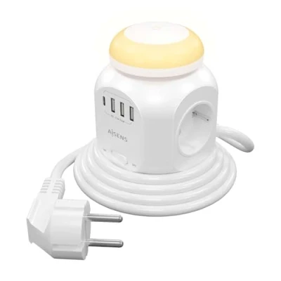 Imagen de AISENS Regleta de Enchufes Sobremesa Multifuncion con 4 Tomas + 1XUSB C, 3XUSB A, Luz Nocturna, 1.8M, Blanco