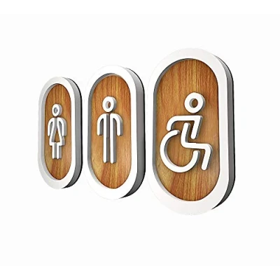 Imagen de DOJA Barcelona Cartel para Baño Hombre + Mujer Discapacitado Color Madera 100mm x180mm Simbolo Adhesivo WC Puerta Placa Pegatina Aseo, Aseos Cartel, Señal de Lavabo