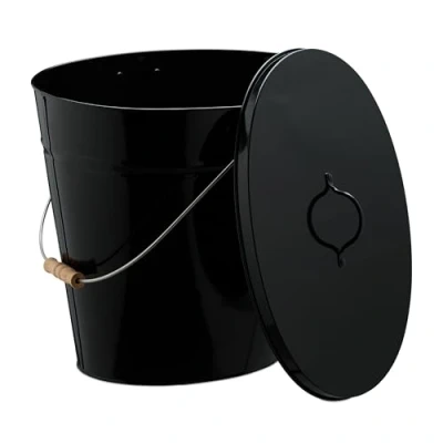 Imagen de Relaxdays Cubo para Cenizas con Tapa, 18,5 L, Accesorio Chimenea, Estufa, Asa Madera, Almacenar Carbón, Acero, Negro