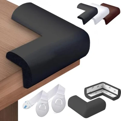 Imagen de HAPPY CHLEA® 20 x Protector Esquinas Bebe de Goma con Tecnología Espuma Activa, Protectores para Niños y 2 Cierre Seguridad Cajónes Bebe, Esquineras Cama, Mesa, Muebles, (Negro)