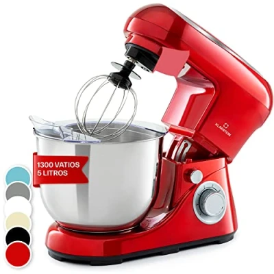 Imagen de Klarstein Batidora Amasadora con Bol 5L para Hornear, Robot Cocina, Reposteria 1300W, Gancho y Mezclar, Electrodomesticos Cocina Varillas Rotación Planetaria 6 Velocidades