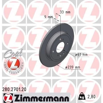 Imagen de ZIMMERMANN Disco de freno 9mm 7/4 4Taladro(s) 100mm macizo revestido 280.2701.20 42510TZEJ00 Discos freno,