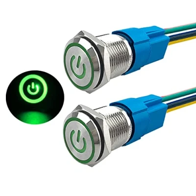 Imagen de Aiqeer 2 Piezas 16 mm Interruptores de Botón Autoblocante, 12V / 24V 5A Interruptor LED Verde, Pulsador Metálico Impermeable, con Enchufe Precableado