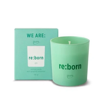 Imagen de ipuro re:born vela aromática en tarro de cristal con aroma cítrico, cardamomo y vainilla, reciclaje sostenible semillas especias, velas larga duración, para sala