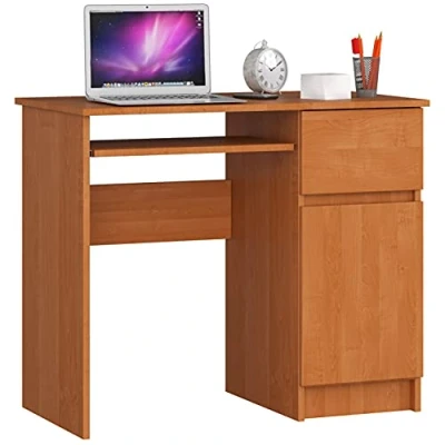 Imagen de AKORD Escritorio con Estante para Teclado de Oficina Cajón y Contenedor en el Lado Derecho Computadora PC Portátil 90x77x50 cm 30 kg Aliso