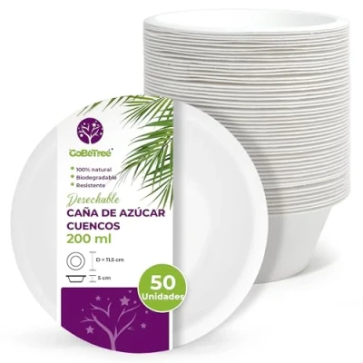 Imagen de 50 Cuencos Desechables Papel de caña azúcar 200 ml. Vajilla desechable Biodegradable extrafuerte Color Blanco. para Fiestas y desayunos. bagazo
