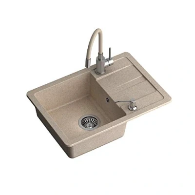 Imagen de VBChome Fregadero con grifo, 62 x 44 cm, de granito, color beige, para empotrar, reversible, compuesto fregadero, sifón y dispensador detergente