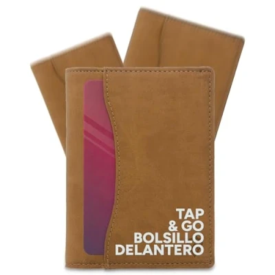 Imagen de AKIELO Cartera de Hombre Plegable con Bloqueo RFID, Lengüeta Extractora y Caja Regalo Elegante para Tarjetero “Tap N Go (Oscar Edición Marrón Claro)