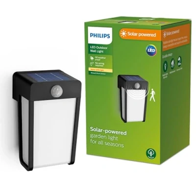 Imagen de Philips Lighting Aplique pared Exterior Shroud, alimentación solar, 2.3W, 2700K, negro, sensor movimiento, resistente a intemperie IP44