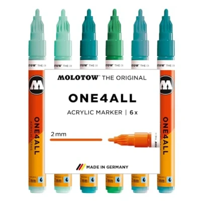 Imagen de Molotow One4All 127HS Juego de rotuladores acrílicos tropicales (grosor trazo 2,0 mm, muy opacos y permanentes, secado rápido, rellenables, para casi todas las superficies), 6 unidades