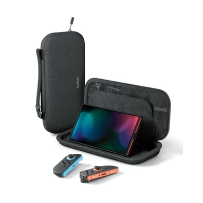 Imagen de Belkin Gaming Funda Protectora para Nintendo Switch 2 con compartimento AirTag y ranuras tarjetas de juegos, Estuche ligero exterior duro e interior suave Gris Carbón
