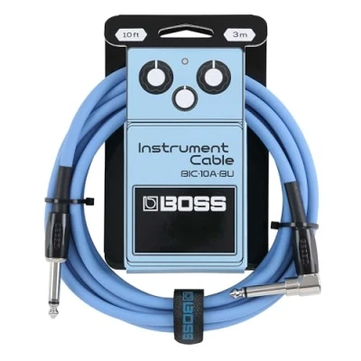 Imagen de BOSS Serie BIC 10A Cable de instrumento Conectores recto a ángulo ¼ pulgada 3 m longitud Cables para guitarra, bajo y más Silencioso resistente Azul