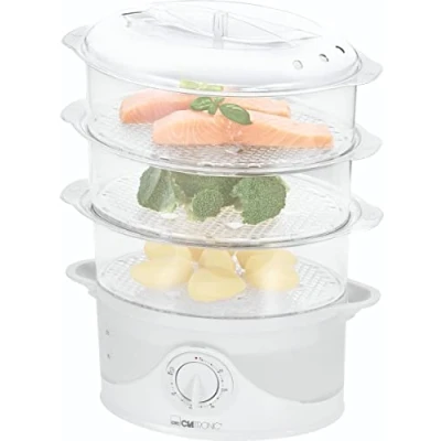 Imagen de Clatronic Vapor DG 3665 Olla vaporera con 3 recipientes, Temporizador, indicador de Nivel Agua, 800 W, Color Blanco, 1.5 litros, 44 Decibelios, Aluminio