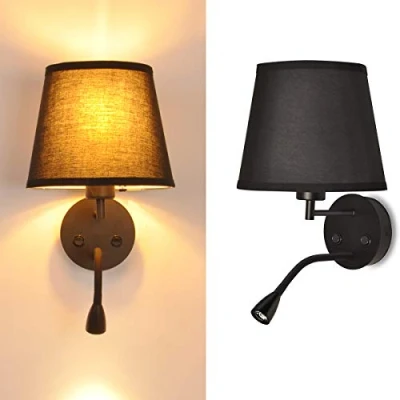 Imagen de BarcelonaLED Aplique de Pared Lámpara LED E27 con Flexo Foco Lectura Orientable Flexible 3W Pantalla Textil Interruptor para Dormitorio Cabecero Cama Salón Black