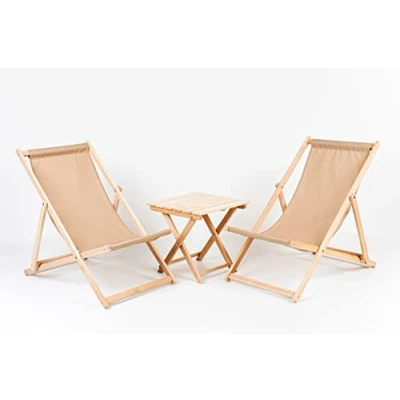 Imagen de 2X Tumbonas + Mesa de Madera, Plegables, con Funda Tela Intercambiable Hecha Madera Haya Tumbona Exteriores Plegado Sillas Jardín (Beige)