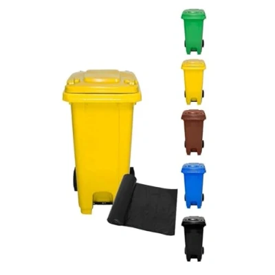 Imagen de JARDIN202 Cubo de Basura 120 Litros con PEDAL y Ruedas Contenedor Robusto L + Bolsas (Amarilla)