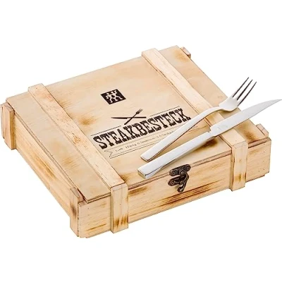 Imagen de ZWILLING Juego de cubiertos para bistec 6 personas, 12 piezas, cuchillos y tenedores, Incluye caja almacenamiento madera, acero inoxidable/madera