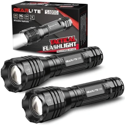 Imagen de GEARLITE Linterna LED Alta Potencia 2 Piezas, Linternas de Aluminio 2000 Lumenes con 5 Modos, Impermeable IP65 Zoom para Niños, Camping, Exteriores, Regalo