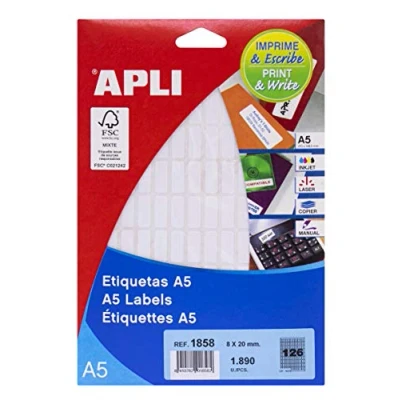 Imagen de APLI 1858 Etiquetas A5 blancas 8,0 x 20,0 mm 15 hojas