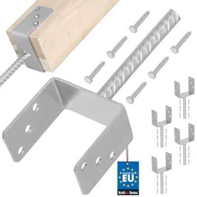 Imagen de KOTARBAU® Juego de 4 soportes para postes hormigón, U 121 mm, acero galvanizado en caliente, anclajes hormigón madera, estriado, anclaje postes, manguito suelo,