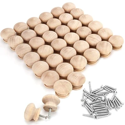 Imagen de Belle Vous Pack de 40 Pomos Madera Redondos Sin Acabado con Tornillos 3,4 x 2,5 cm para Cajones Abedul Natural Tiradores Armarios, Gabinetes, Alacena o Muebles