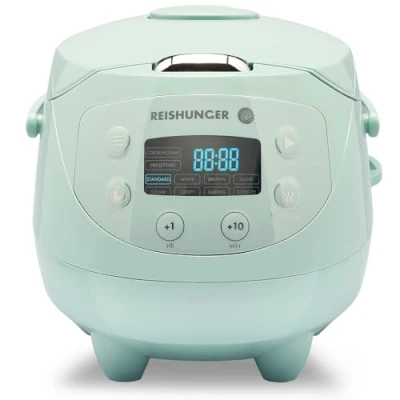Imagen de Reishunger Mini Olla Arrocera Eléctrica y Vaporera en Menta hasta 3 Personas (0.6 l) Hervidor de Arroz Con 8 Programas Pantalla LED Función Automática Mantenimiento del Calor