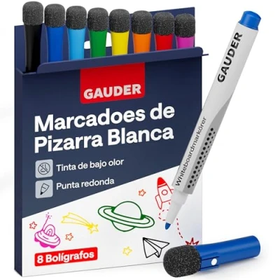 Imagen de GAUDER Set de Rotuladores para Pizarra Blanca (8 piezas 8 colores) borrables en seco sin dejar residuos con esponja, ideales pizarras blancas y magnéticas