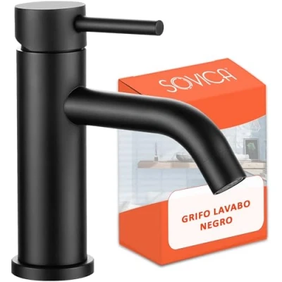 Imagen de grifo lavabo negro mate acero inoxidable monomando agua fria y caliente con 2 mangueras incluidas baño