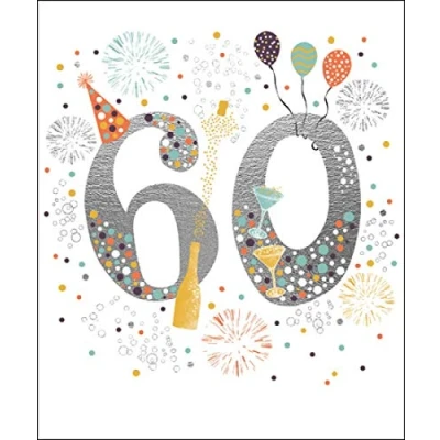 Imagen de Woodmansterne Tarjeta de cumpleaños para 60 años, diseño fuegos artificiales y champán, acabado en aluminio
