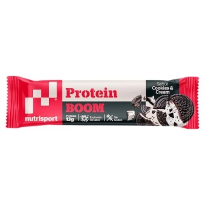 Imagen de NUTRISPORT Barritas Proteína Protein BOOM Suplementos Deportivos Proteínas para masa Muscular con Vitamina C Energy Bar Recuperador Sabor Cookies &amp; Cream 24 unidades