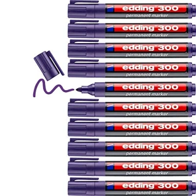 Imagen de edding 300 marcador permanente violeta 10 rotuladores punta redonda 1,5 3 mm resistente al agua, de secado rápido, indelebles para cartón, plástico, vidrio, madera, metal
