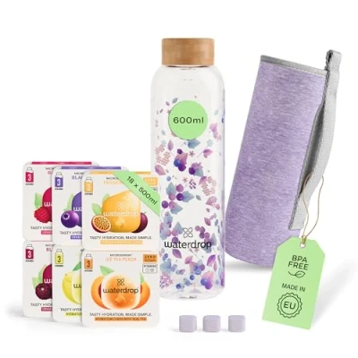 Imagen de waterdrop® Starter Set Botella de Vidrio + 18 Microdrinks para Disolver en 6 Variedades Frutas Paquete Degustación, 600 ml A Prueba Fugas Apta Bebidas Carbonatadas