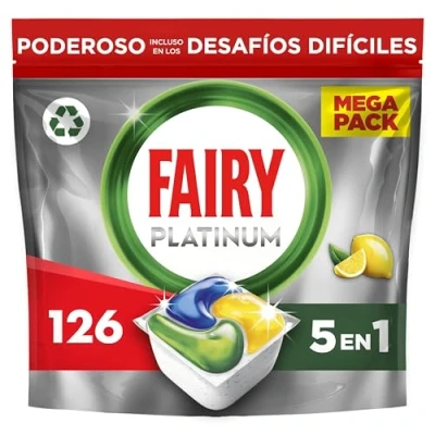 Imagen de Fairy Platinum Todo en 1, Pastillas Lavavajillas, 126 Capsulas, Limpia Incluso la Grasa de los Filtros, Aroma Fresco y Limpio, Mega Pack