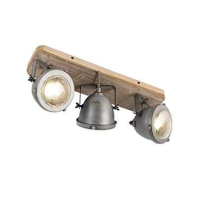 Imagen de QAZQA Plafón industrial acero madera inclinable 3 luces EMADO/Acero Alargada Adecuado para LED Max. x 25 Watt