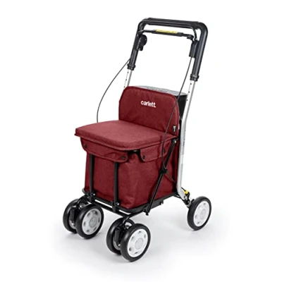 Imagen de Carlett Carro de la Compra y Andador con Asiento para Ancianos Carrito Plegable Supermercado 4 Ruedas, Bolsa Extraíble 29L/15kg Modelo Comfort, Color Rojo