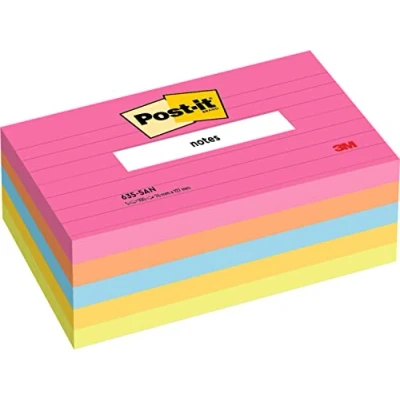 Imagen de Post it Notas, Colores Surtidos, Con Líneas, 76 mm x 127 mm, 100 Hojas/Bloc, 5 Blocs/Paquete, 100% PEFC SGSCH COC 110078