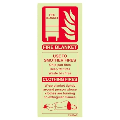 Imagen de Señalamiento obligatorio indicador de manta ignífuga «Fire Blanket ID Extinguisher» VSafety 11008AC G, brilla en la oscuridad, hecha plástico 1 mm, roja, 75 mm x 200