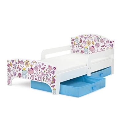 Imagen de leomark Smart Cama Infantil de Madera Pink Dreams Marco Cama, Colchón y Cajón, robustro Cómodo Dormitorio Impresa, Muebles para Niños, Espacio Dormir: 140/70