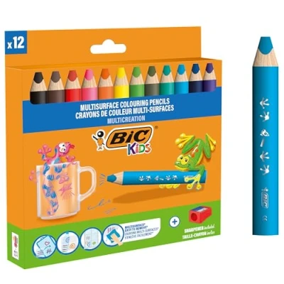 Imagen de BIC 525343 Kids Lápices Multisuperficie con Cuerpo Triangular y Minas Borrables en Superficies No Porosas Colores Surtidos, Pack de 12+1 Sacapuntas, Madera, Multicolor