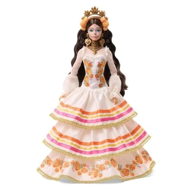Imagen de Barbie Signature Muñeca de Día Muertos 2025 Coleccionable con Vestido Color Crema Volantes Adornado caléndulas y Lazo, Corona Flores Maquillaje Calavera en la Cara, JBJ05