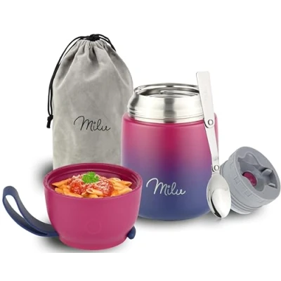 Imagen de Milu Termo para Comida 450 ml Taza Aislada, Botella de Acero Inoxidable Aislada Alimentos, Beber y sopa los niños adultos Térmico (450ml/Azul Baya)