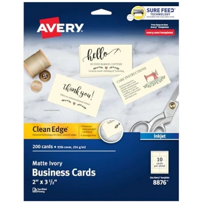 Imagen de Avery Tarjetas de visita imprimibles, impresoras inyección tinta, 200 tarjetas, 2 x 3.5, borde limpio, peso pesado, marfil (8876)