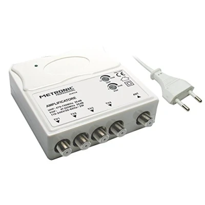 Imagen de Metronic 414114 Amplificador de Interior TV VHF/UHF para TDT con Filtro LTE, Compatible 5G, VHF 20 dB, UHF 28 Ganancia Ajustable, 1 Entrada/4 Salidas Tipo F, Blanco