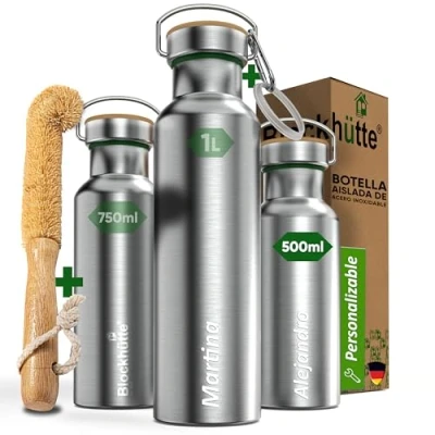 Imagen de Blockhuette Botella de Agua Personalizada Acero Inoxidable I 500ml Térmica, Niños, Deporte, Gimnasio, Futbol, Día del Padre Nombre Personalizable, Sin BPA, Termica, Cantimplora Termo