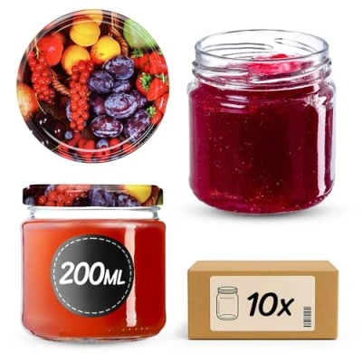Imagen de KADAX Tarros Pequeños de 200 ml, Botes Cristal con Tapa Hermética 66 mm para Miel, Conservas, Especias y Mermeladas (10 Unidades, Frutas)