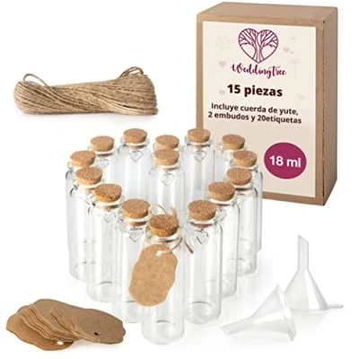 Imagen de WeddingTree 15 x 18ml Tubos de Ensayo con Tapón Corcho para Bodas Set Frascos y Llavero Corazón Invitados Bodas, Decoración, Frasco Especias