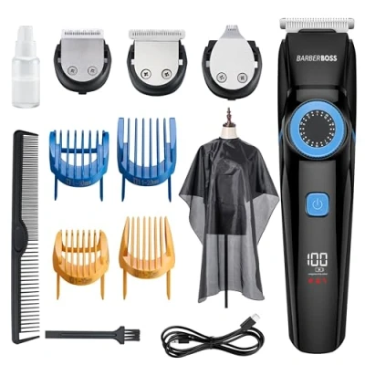 Imagen de BarberBoss Recortadora profesional 3 en 1 para pelo, barba y detalles, kit de aseo masculino con dial precisión, cuchillas corte, recargable por USB 100% resistente al agua, QR 6087