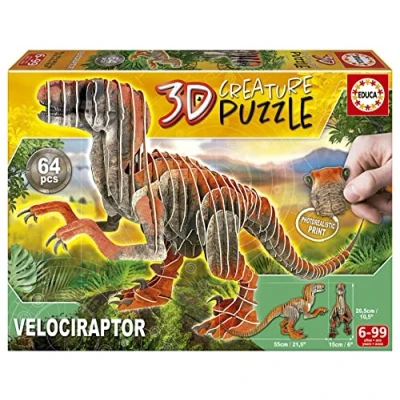 Imagen de Educa Puzzle 3D Velociraptor Creature Puzzle. Monta tu Propio Dinosaurio en 3D, Piezas de cartón Impresas A Dos Caras. Partir 5 6 7 8 años (19382)